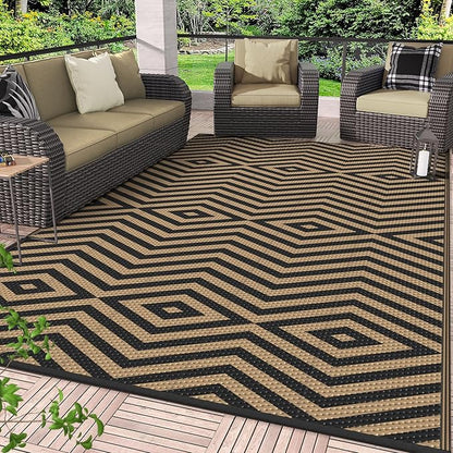 GENIMO Outdoor Rug, Waterproof Plastic Rugs for Patio, 6'x9' Shadow Brown | Outside Larger Modern Carpet Mat for Porch Decor, Deck, Balcony, Camping, RV, Backyard, Picnic, Beach, Reversible, Foldable