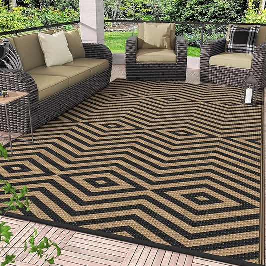 GENIMO Outdoor Rug, Waterproof Plastic Rugs for Patio, 6'x9' Shadow Brown | Outside Larger Modern Carpet Mat for Porch Decor, Deck, Balcony, Camping, RV, Backyard, Picnic, Beach, Reversible, Foldable