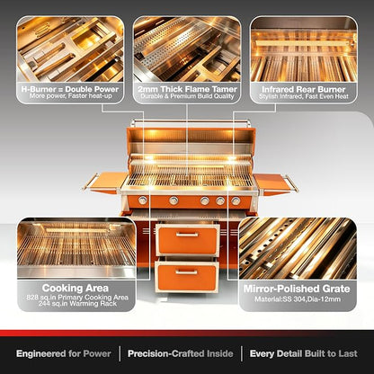 LPG 4 Cast Burners Outdoor Kitchen Grill Island, 99,000 BTU, Orange Painting