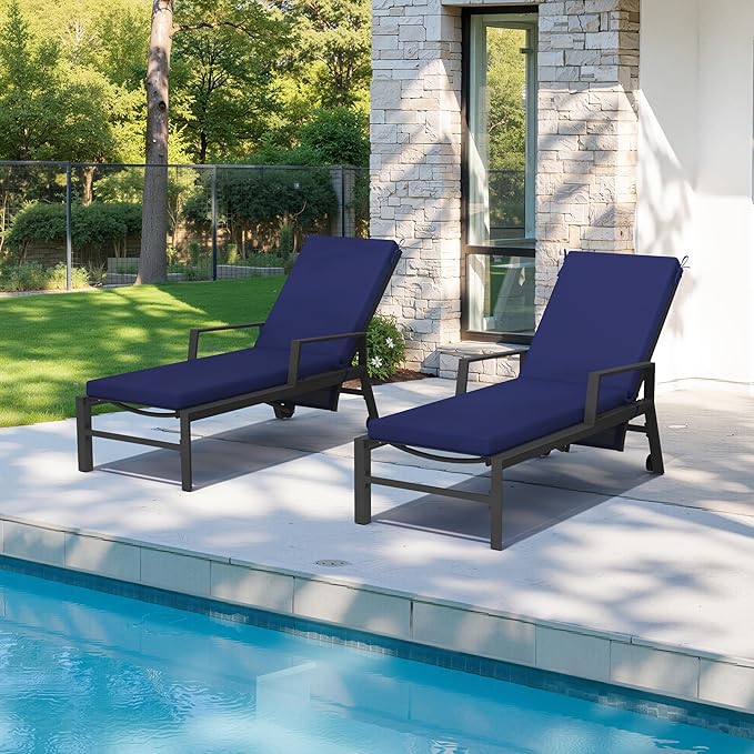 Crestlive Outdoor Chaise Lounge Cushions, 3 Years Fade Resistant Water Resistant Lounge Chair Cushion, 72''L x 21''W, Set of 2, Navy