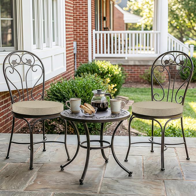 Outdoor Round Chair Cushions 15 Inch, Fade-Resistant & Water-Resistant, Bistro Chair Seat Pads for Porch Garden Balcony Patio Furniture Stools, Non-Slip Bottom, Set of 4, Natural