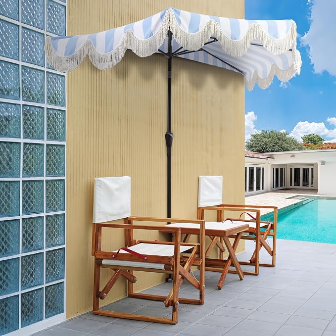 JONATHAN Y Beverly 9 ft. Striped Half Umbrella, Light Blue/Dark Brown | Coastal Scalloped Fringe, Crank Lift, 30 Degree Manual Tilt, UV 50 Polyester Canopy, Aluminum Frame, Space Saving Design