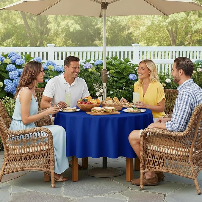 LUSHVIDA Round Outdoor Tablecloth with Umbrella Hole 70 Inch Blue | Washable Waterproof Zipper Table Cloth Cover Spill Proof Wrinkle Free for Patio Spring Summer Picnic BBQS