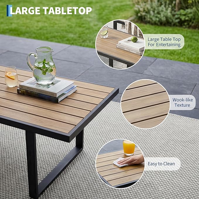 GarveeLife 4 Piece Outdoor Patio Furniture Set with Wood Coffee Table, Iron Frame Conversation Set, Gray Cushioned Chairs and Sofa for Balcony, Patio, Backyard