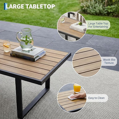 GarveeLife 4 Piece Outdoor Patio Furniture Set with Wood Coffee Table, Iron Frame Conversation Set, Gray Cushioned Chairs and Sofa for Balcony, Patio, Backyard