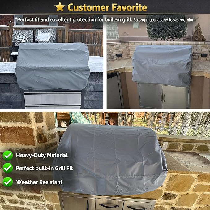 Covers & All Built-in Grill Cover for Outdoor Grill – Heavy Duty 12 oz Waterproof Built-in BBQ Grill Cover, PVC-Coated Polyester with Elastic Hem for Snug Fit (36 x 26 x 24 inches, Grey)