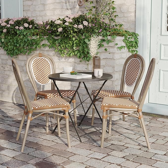 Flash Furniture Lourdes Indoor/Outdoor Commercial Thonet Bistro Stack Chair - NAT/White PE Rattan Back and Seat - Light Natural Bamboo Print Metal Frame - 4 PK