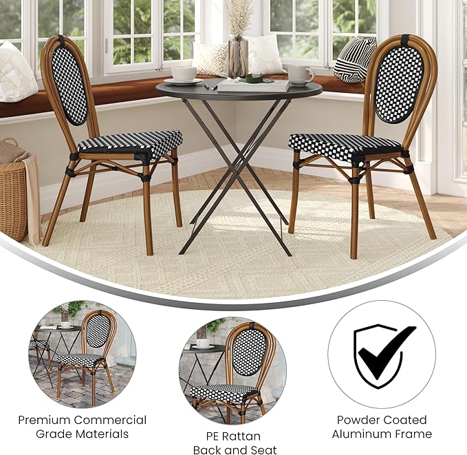 Flash Furniture Lourdes Indoor/Outdoor Commercial Thonet Bistro Stack Chair - Black/White PE Rattan Back and Seat - Natural Bamboo Print Metal Frame - 2 PK