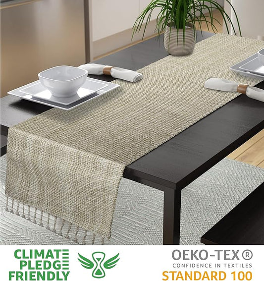 Urban Villa TableRunner 100% Cotton Two Tone Tablerunner Home Kitchen Dining Décor Table Runner 14''x72'' Egg Shell Table Runner with Fringes Parties Wedding BBQ's Everyday use Christmasrunner