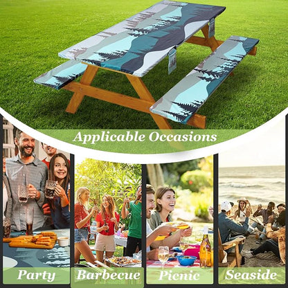 Fitted Picnic Table Cover with Bench Covers Waterproof Elastic Edges Rectangle Patio Tablecloth Outdoor Camping Essentials Stuff Rv Accessories Summer Trip Travel Supplies Party Camper Gifts, 6 ft