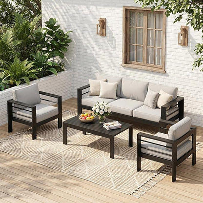 Solaste 5-Seaters Aluminum Outdoor Patio Furniture Set, Patio Sectional with 5" Thick Cushion, Outdoor Furniture with Coffee Table, Patio Sofa for Porch, Backyard, Deck, Yard, Light Grey