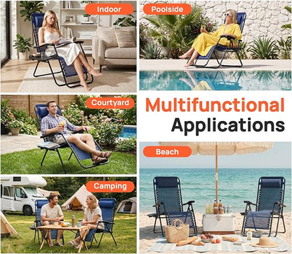 Chaise Lounge Chair Outdoor Set of 2, Oversized Zero Gravity Chair, Blue | Foldable Lounge Chair with Cup Holder, Lawn Chairs Adjustable with Side Table Headrest, Portable Camping Chair for Outdoor