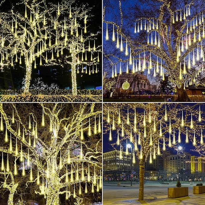 Aluan Christmas Lights Outdoor Meteor Shower Rain Lights, 40cm/16inch 10 Tubes 360 LEDs Waterproof Falling Rain Hanging Light with UL Plug for Christmas Holiday Party Home Garden Decor, Warm White