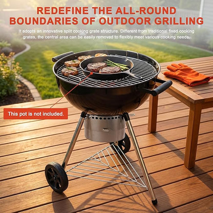 Elitzia 22 Inch Classic Kettle Charcoal Grill Portable Outdoor Round Enamel BBQ Grill with Removable Center Grate with Thermometer Chrome Plated Cooking Grid for Backyard Camp Patio Gathering ETBBQ03