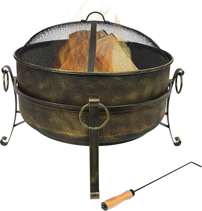 Sunnydaze 24-Inch Steel Small Fire Pit for Outside - Wood-Burning Fire Pit Bowl for Outdoors with Spark Screen, Log Poker, and Grate