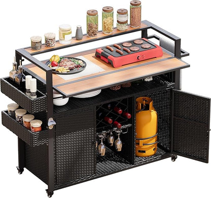 52.8" W Wicker Outdoor Grill Cart with Extended Plastic Wood Table Top,Rolling Kitchen Island on Wheels with Cabinet and Double Handle,for Patio Backyard Garden Poolside (Black Brown#t)
