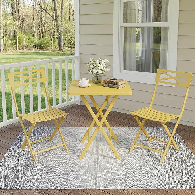Garvee 3PCS Bistro Set, Folding Patio Furniture Set w/ 2 Chairs,Solid Steel | Foldable space-saving bistro set, fully pre-assembled for instant use. Powder-coated weatherproof steel frame. Easy-clean