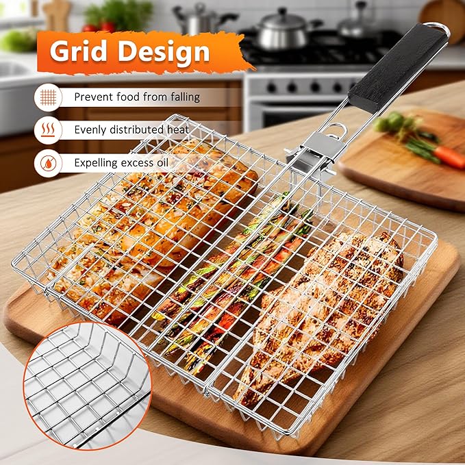 Fish Grilling Basket, Stainless Steel Grill Basket with Removable Handle, Portable Folding Grilling Rack for Outdoor Cooking Meat Vegetables Seafood BBQ