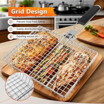 Fish Grilling Basket, Stainless Steel Grill Basket with Removable Handle, Portable Folding Grilling Rack for Outdoor Cooking Meat Vegetables Seafood BBQ