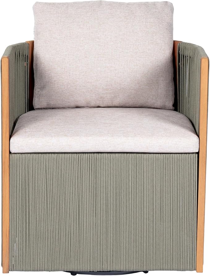 Christopher Knight Home Kato Outdoor Metal & Acacia Wood Frame Swivel Accent Chair with Removable Cushion, 360° Rotating Patio Armchair with Rope Accent, Outdoor Swivel Chair for Garden, Light Grey