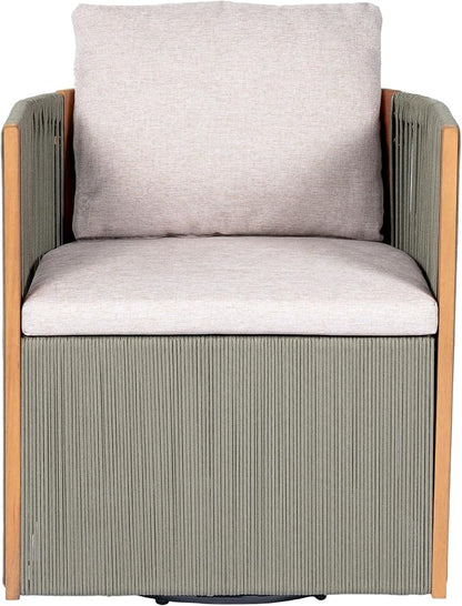 Christopher Knight Home Kato Outdoor Metal & Acacia Wood Frame Swivel Accent Chair with Removable Cushion, 360° Rotating Patio Armchair with Rope Accent, Outdoor Swivel Chair for Garden, Light Grey