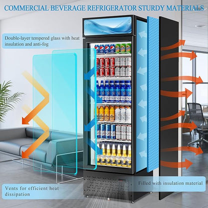 Beverage Cooler Commercial Refrigerator 10 Cu.Ft. Glass Door Display Refrigerator with LED Light, 5 Shelves, Display Commercial Beverage Refrigeratorfor Restaurant Cafe Bar Store (10 Cu.Ft.)