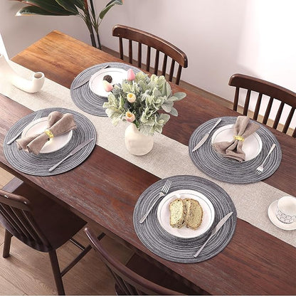 SHACOS Round Braided Placemats Set of 6 Round Table Mats 15 inch Cotton Washable for Holiday Party (Black Grey, 6)