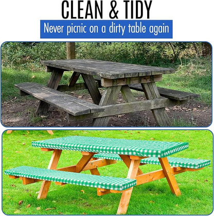 LINPRO Premium Picnic Table Cover with Bench Covers Vinyl Fitted Picnic Table Covers with Elastic RV Camping Accessories and Camper Must Haves Waterproof (Green Gingham, 72 x 30 (6ft))