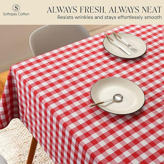 Gingham Buffalo Check 60"x102" Tablecloth 100% Cotton Washable Rustic Rectangle Table Cover Decorative for Gifts, Dining, BBQ, Buffet Parties & Camping - Red