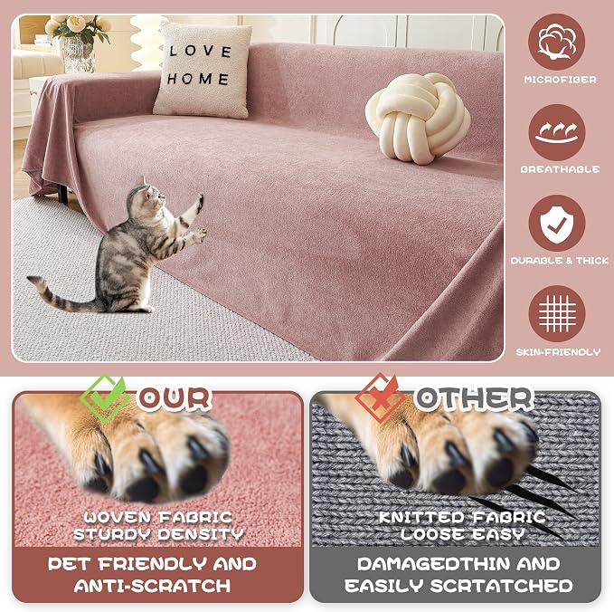 MYSKY HOME Pink Sofa Cover, Couch Covers for Pet, Oversized Couch Covers for 3 Cushion Couch, Thick Durable Sofa Covers for Furniture, Couch Cover,Non Slip Soft Protector, 91" x 150"