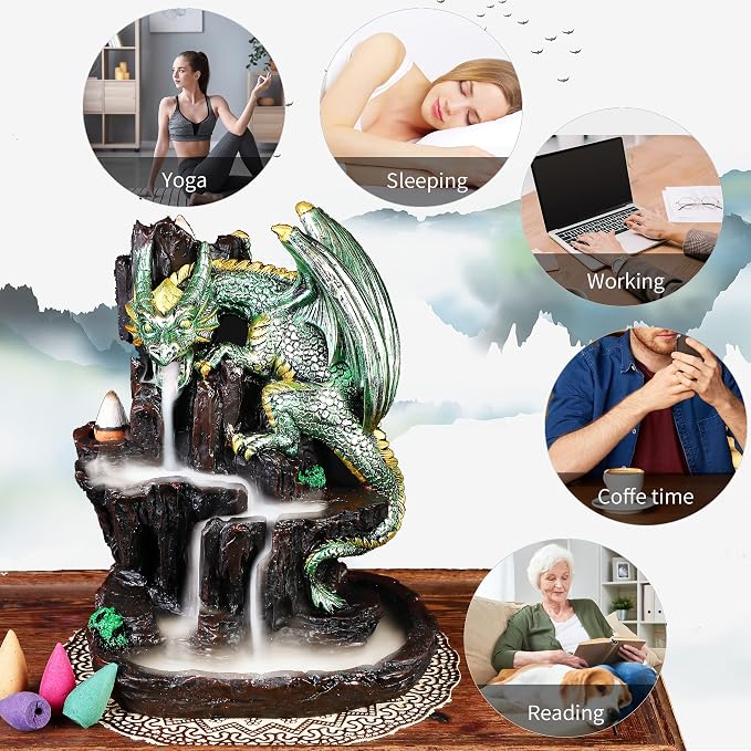 Dragon Backflow 2 Sided Mountain Waterfall Incense Burner,Fountain Smoke Incense Holder with Backflow Incense Cones, Tweezers, Mat，Resin Aromatherapy Meditation (Green)