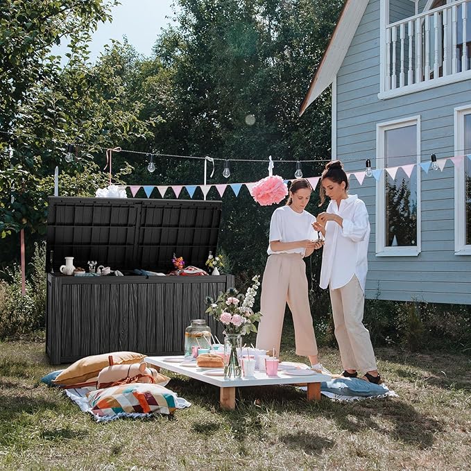 PatioZen 200 Gallon Deck Box,Resin Outdoor Storage Box with Lockable for Patio Furniture, Pool Accessories, Garden Tools Waterproof Outside Storage Box (Black)