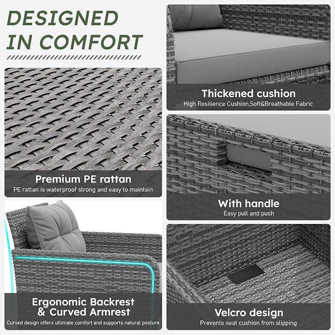 5 Piece Patio Furniture Set, PE Wicker Outdoor Furniture Set with Soft Cushions & Coffee Table, Outdoor Lounge Chairs with Ottoman for Porch, Lawn, Balcony, Light-Grey