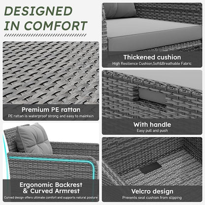 5 Piece Patio Furniture Set, PE Wicker Outdoor Furniture Set with Soft Cushions & Coffee Table, Outdoor Lounge Chairs with Ottoman for Porch, Lawn, Balcony, Light-Grey
