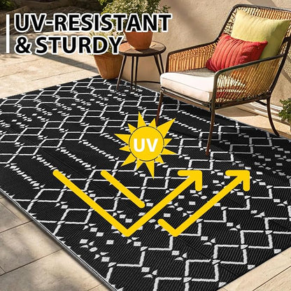 Smiry Outdoor Rug 5x8 ft Waterproof Reversible Boho Mat, Black | Polypropylene Plastic Straw, Quick Drying, Lightweight Foldable, for Patio, Deck, RV Camping, Backyard and Indoor Outdoor Use