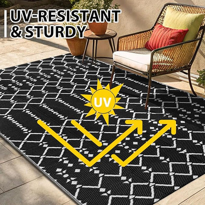 Smiry Outdoor Rug 6x9 ft Waterproof Reversible Boho Mat, Black | Polypropylene Plastic Straw, Quick Drying, Lightweight Foldable, for Patio, Deck, RV Camping, Backyard and Indoor Outdoor Use