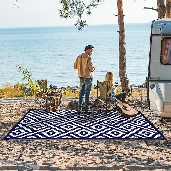 GENIMO Outdoor Rug, Waterproof Plastic Rugs for Patio, 4'x6' Blue White | Outside Larger Modern Carpet Mat for Porch Decor, Deck, Balcony, Camping, RV, Backyard, Picnic, Beach, Reversible, Foldable