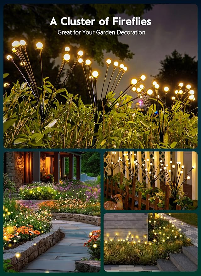 Brightown 4 Pack Solar Garden Lights, 48 LED Firefly Lights, 2 Lighting Modes, Wind Sway IP65 Waterproof Outdoor Lights for Garden Yard Pathway Decor, Warm White