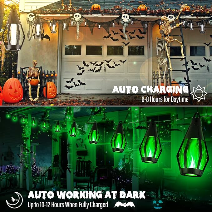 iBaycon 27FT 10 LED Solar Flame Halloween String Lights Outdoor, Green | Ultra-Real Flickering Flame Lamp Outdoor Waterproof, Solar Patio String Lights for Garden Yard Lawn Halloween Decorations