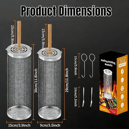 304 Stainless Steel Rotating Grill Basket Set (2 Sizes) - Food-Grade BBQ Grill Basket for Vegetables/Shrimp + Grilling Net & BBQ Accessories (1 Fork, 2 Hooks, 2 Tongs)