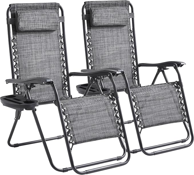 2-Pack Zero Gravity Lounge Chair Recliners - Adjustable Steel Frame with Removable Headrests & Cup/Phone/Tablet Trays - 330LBS Capacity - Light Gray