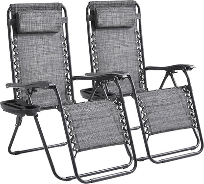 2-Pack Zero Gravity Lounge Chair Recliners - Adjustable Steel Frame with Removable Headrests & Cup/Phone/Tablet Trays - 330LBS Capacity - Light Gray