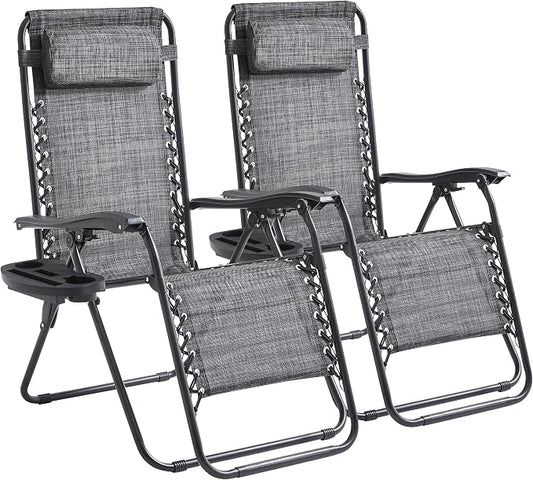 2-Pack Zero Gravity Lounge Chair Recliners - Adjustable Steel Frame with Removable Headrests & Cup/Phone/Tablet Trays - 330LBS Capacity - Light Gray