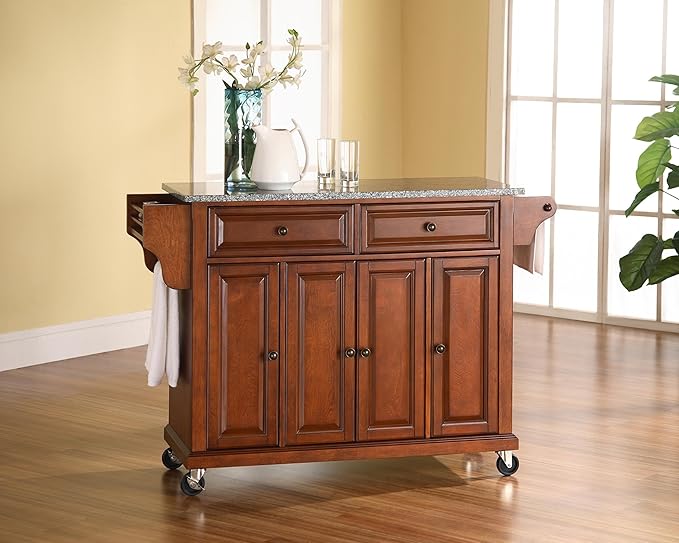 Crosley Furniture Full Size Granite Top Rolling Kitchen Island Storage Cart, Microwave Stand, Spice Rack, Cherry