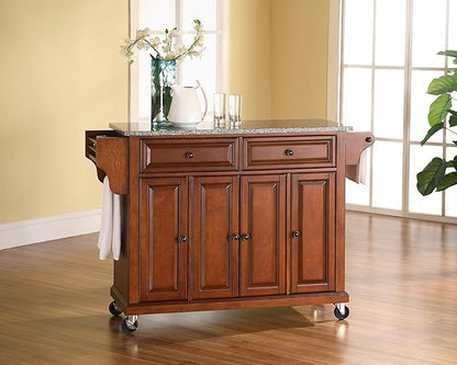 Crosley Furniture Full Size Granite Top Rolling Kitchen Island Storage Cart, Microwave Stand, Spice Rack, Cherry