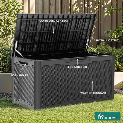 YITAHOME 100 Gallon Large Deck Box, Outdoor Resin Storage Boxes for Patio Furniture, Outdoor Cushions, Garden Tools, Water Resistant and Lockable