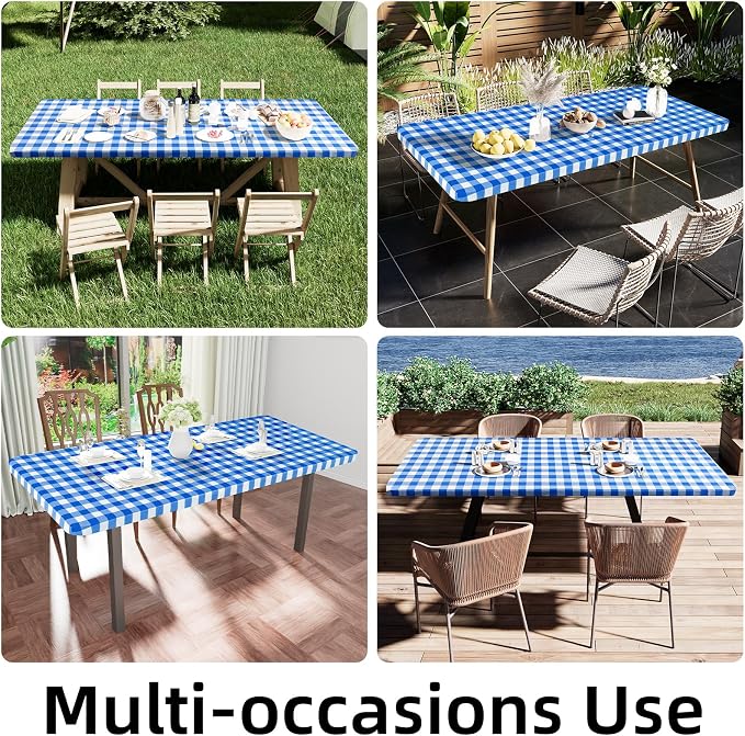 Smiry Rectangle Picnic Table Cloth, Elastic Waterproof Fitted Vinyl Tablecloths, Flannel Backed Buffalo Plaid Table Covers for Dining, Camping, Outdoor (White and Blue, 24" x 48")