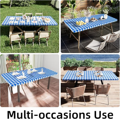 Smiry Rectangle Picnic Table Cloth, Elastic Waterproof Fitted Vinyl Tablecloths, Flannel Backed Buffalo Plaid Table Covers for Dining, Camping, Outdoor (White and Blue, 42" x 72")
