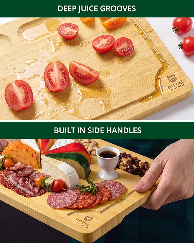 ROYAL CRAFT WOOD Bamboo Cutting Board with Juice Groove - Kitchen Chopping Board for Meat Cheese and Vegetables, Heavy Duty Serving Tray