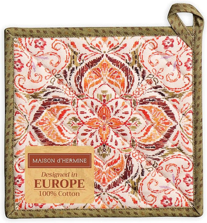 Maison d' Hermine Pot Holders 100% Cotton Potholders (8" x 8", Pack of 1) | Heat Resistant Hot Pads with Loop BBQ Cooking Baking Hotel Kitchen Handling Hot Pans Thanksgiving Christmas - Damask